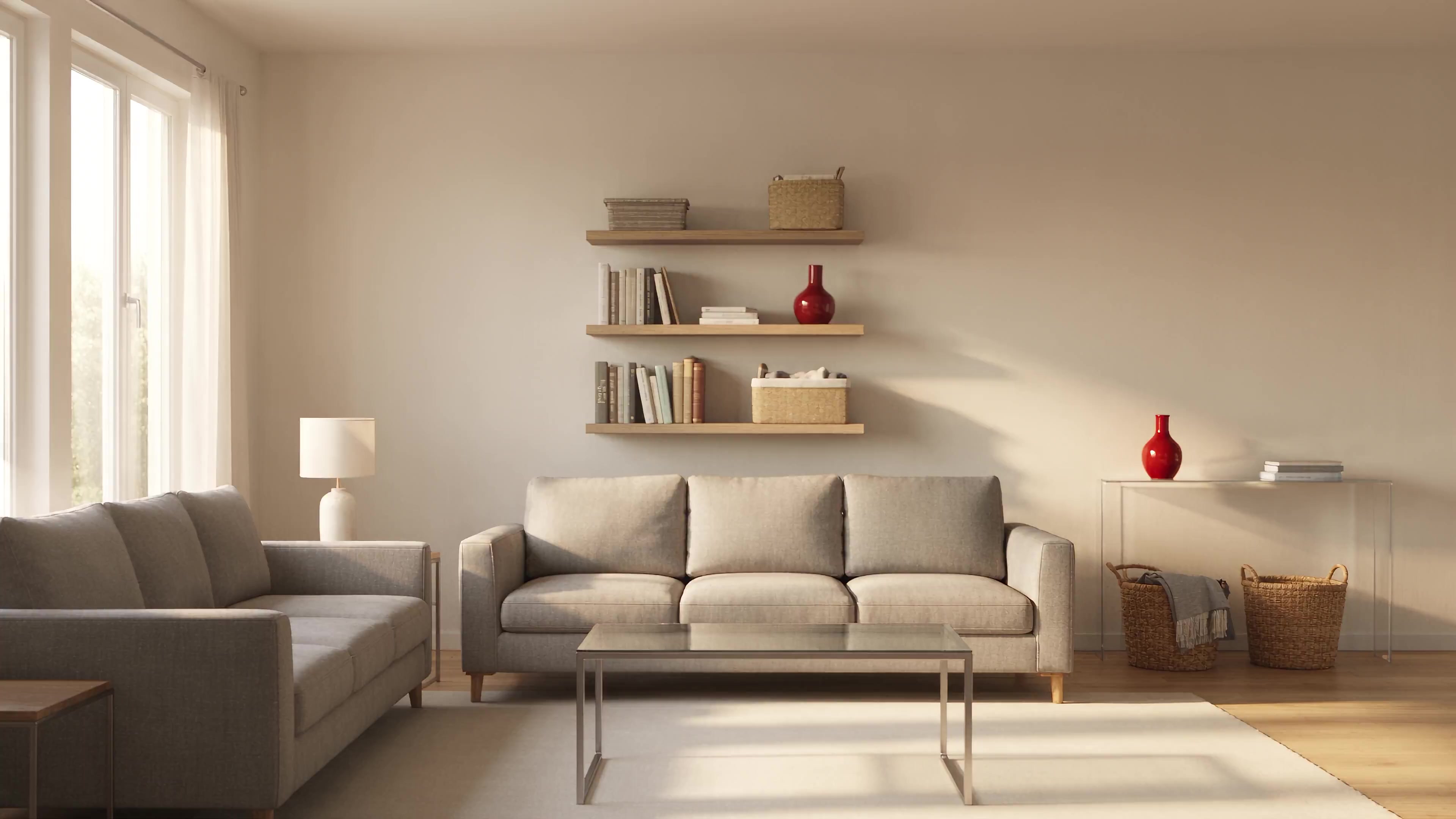 Sunlight falling across a comfortable living room with natural wood shelves and woven baskets